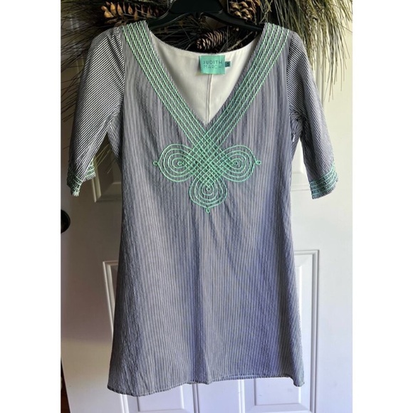 Judith March Blue and White Pinstriped Dress Mint Green Embroidery Size Small - Picture 1 of 11